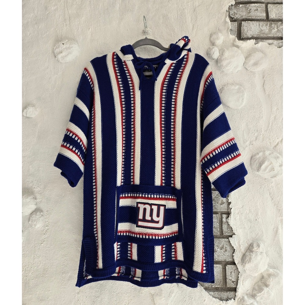 New York Giants NFL Little Earth Baja Hoodie Blue White Striped Knit L/XL